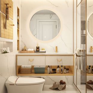 现代中式 民宿日系浴室柜组合岩板台面智能镜洗手漱脸盆池实木定制