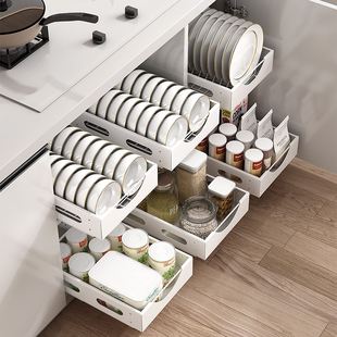 厨房抽屉式 橱柜碗碟置物架多功能抽拉式 餐具杯子碗盘分隔收纳拉篮