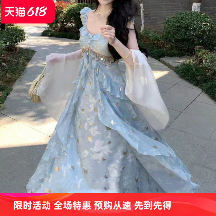 高级感仙女不规则荷叶边绝美吊带连衣裙子绝美海边度假长裙女夏季