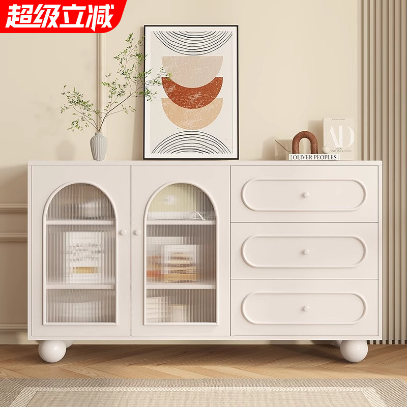 奶油风岩板餐边柜现代简约新款客厅储物柜厨房碗柜靠墙一体茶水柜