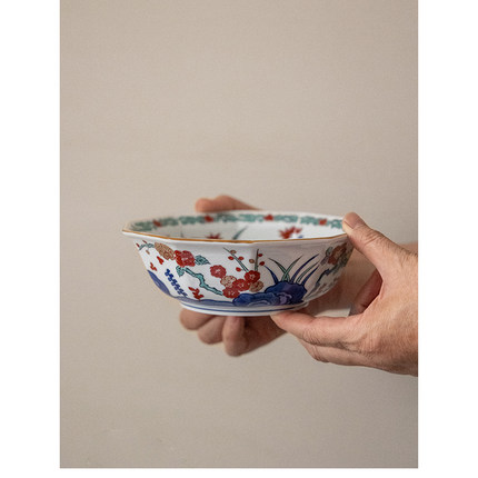 现货日本进口有田烧陶瓷手绘十角钵梅花牡丹汤碗面碗大碗沙拉碗