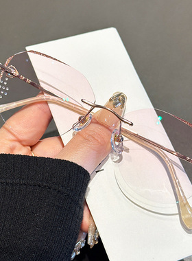 超轻纯钛无框近视眼镜框女防蓝光素颜显瘦钻石切边平光镜69063-C