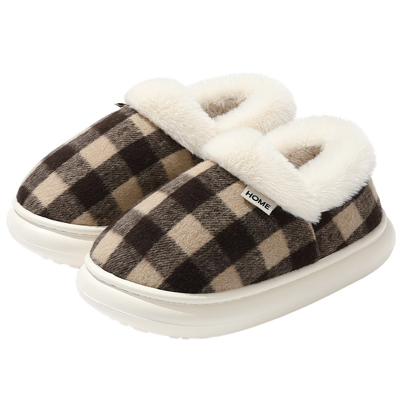 冬季包跟棉拖鞋居家情侣软底防滑加厚可外穿格子保暖毛绒棉鞋