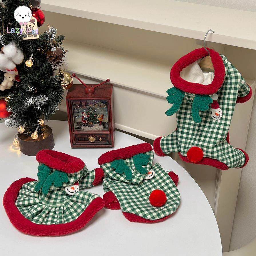 秋冬季日韩风小狗狗衣服绿格连帽圣诞雪人卫衣万圣节圣诞宠物衣服