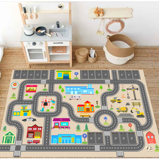 儿童交通游戏地毯地垫马路车道轨道男孩汽车垫子早教益智水晶绒