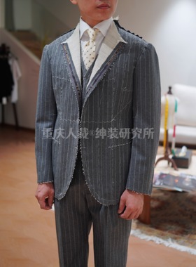 【全定制】独立裁缝全手工西装Bespoke灰色粉笔条全羊毛西服套装