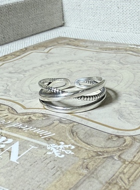 S925银曲率交叉戒指女开口可调节几何纹理叠戴复古银戒指环