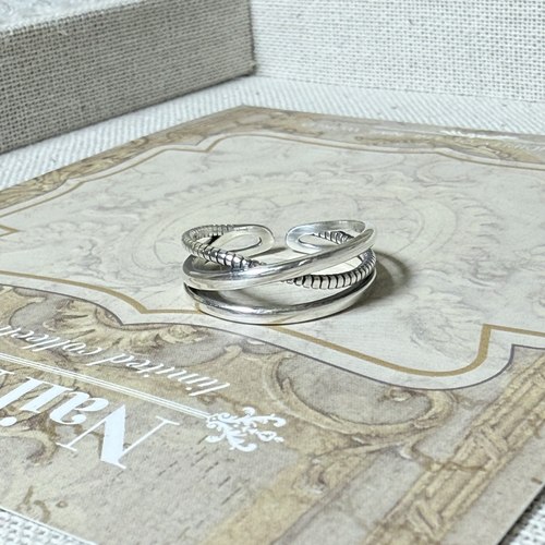 S925银曲率交叉戒指女开口可调节几何纹理叠戴复古银戒指环