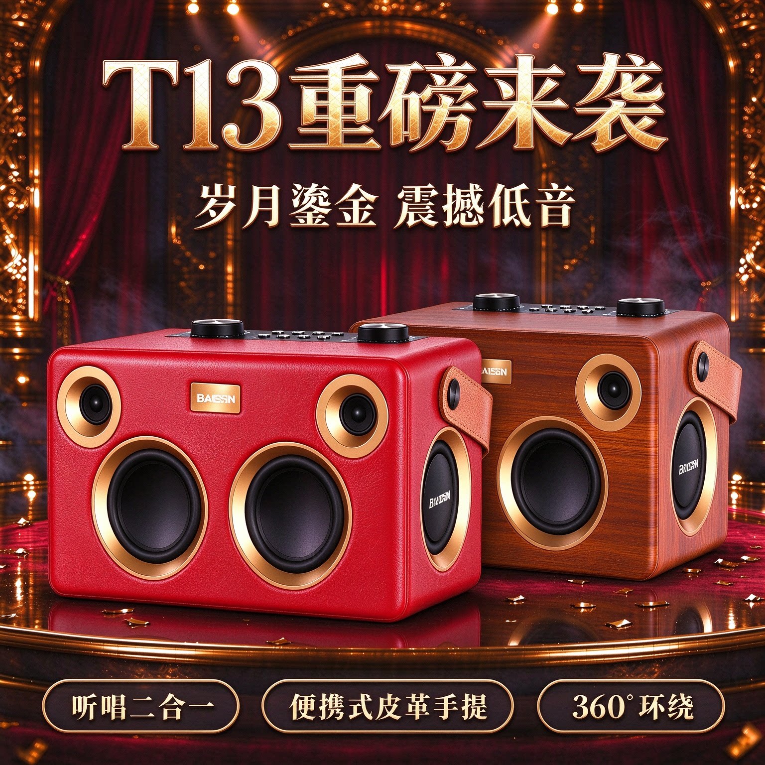 宝仕尼轻奢时尚皮革户外K歌蓝牙音箱手提便携式大功率音响重低音