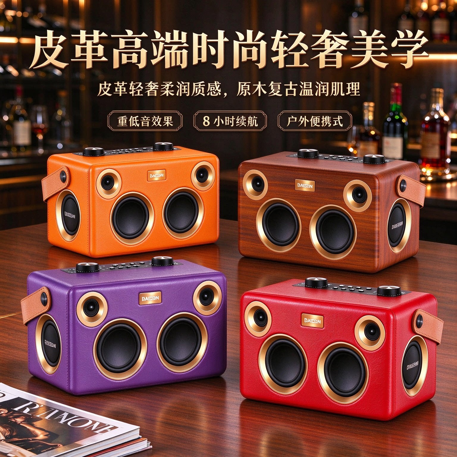 宝仕尼皮革木质高端时尚HIFI蓝牙音箱便携户外重低音炮唱歌音响