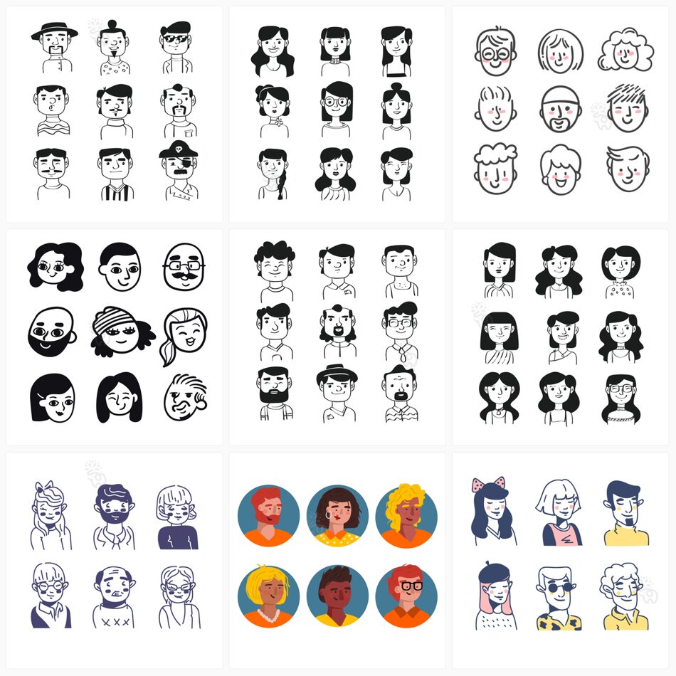 10套 卡通手绘线条简笔画人物头像ai矢量素材插画设计素材