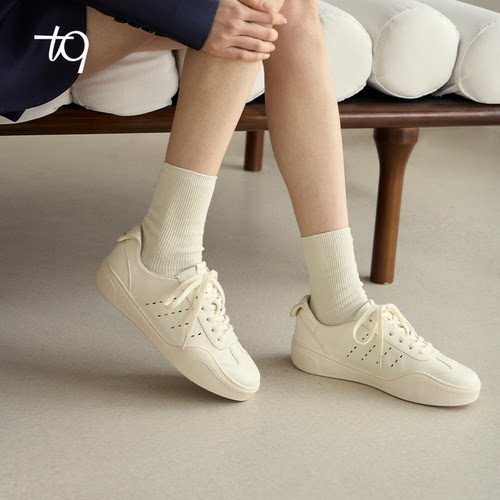 Talitaqoom德训鞋女2025年春季新款小白鞋休闲系带软底TQ牛皮板鞋
