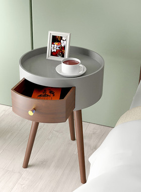 新古典极简小户型卧室床头柜圆形超窄灰色意式双人床床头柜带抽屉