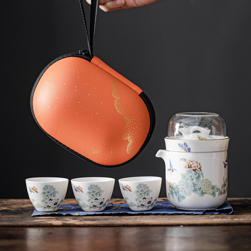 玩物尚置绣球花户外旅行功夫茶具套装便携式一壶四杯快客杯LOGO
