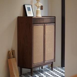 柜对开门现代简约家用一体靠墙入户玄关柜 北美黑胡桃木实木藤编鞋