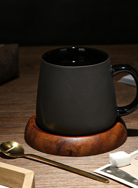 欧式陶瓷黑色哑光大容量马克杯子简约磨砂咖啡杯带勺办公室水杯