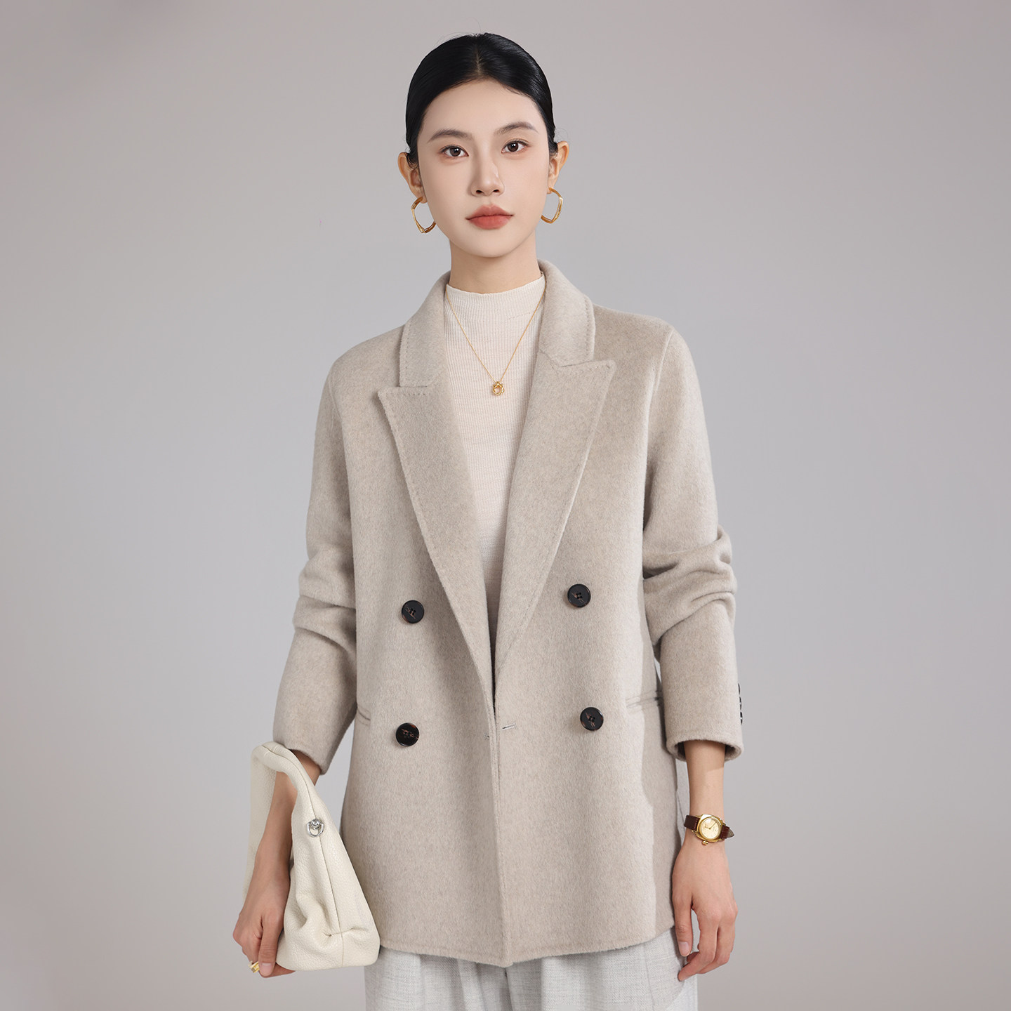 秋冬季新款简约百搭双面羊毛大衣女士小个子气质时尚羊绒西装外套