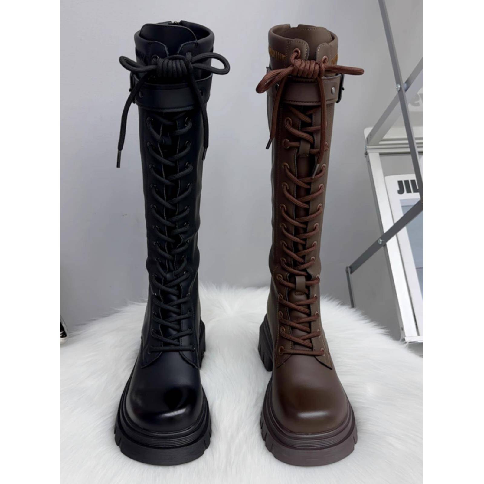 香港真皮长筒靴女秋冬季2025新款加绒不过膝厚底显瘦高筒骑士靴子