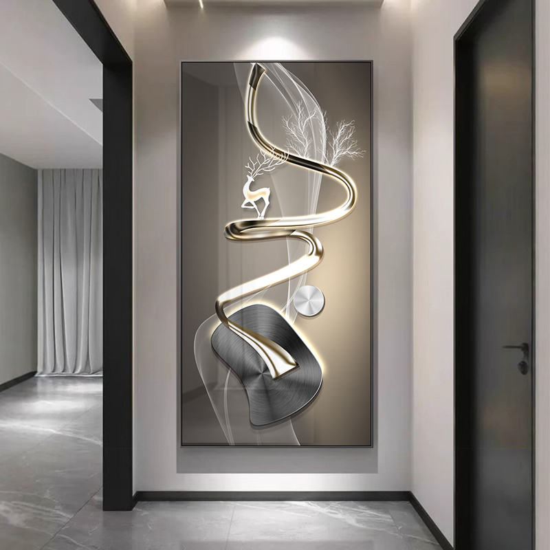 几何鹿玄关装饰画现代简约入户正对门led灯过道背景挂画轻奢壁画图片