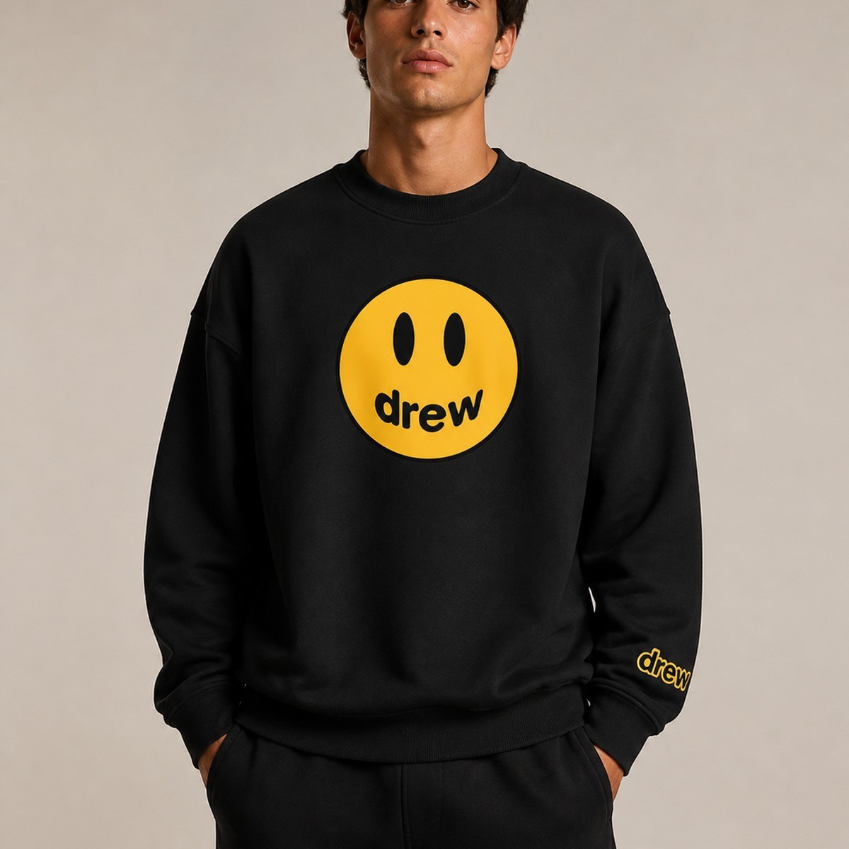 drew笑脸纯棉圆领卫衣秋冬潮牌上衣百搭潮流情侣宽松美式复古高街
