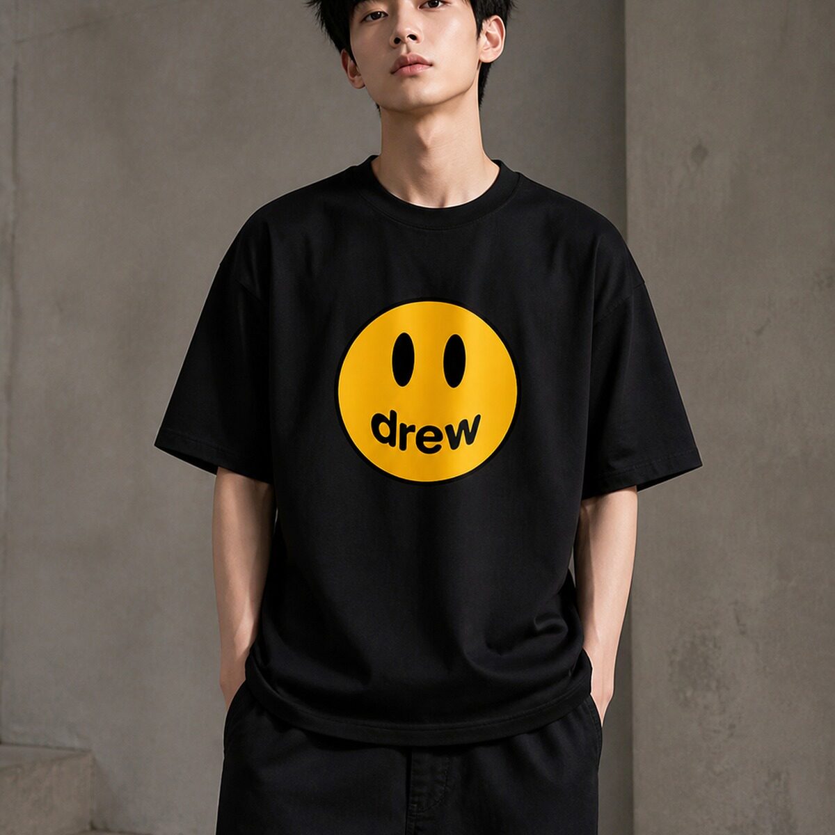 drew笑脸纯棉短袖T恤衫宽松圆领美式复古高街潮牌情侣百搭休闲ins