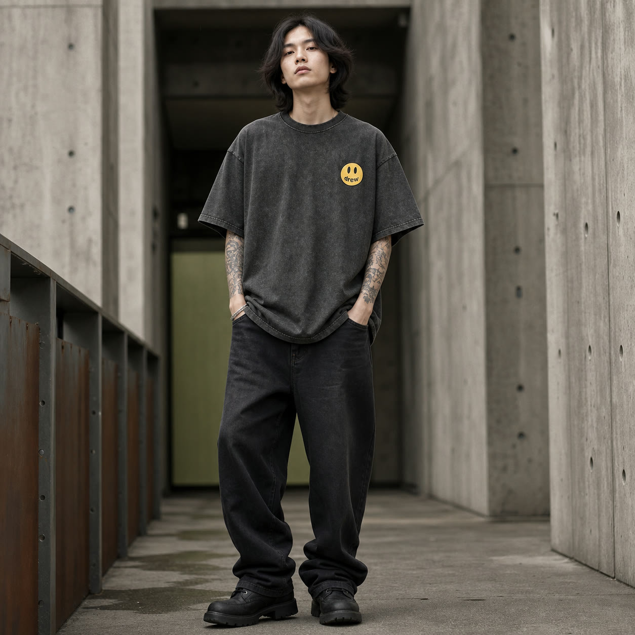 drew笑脸纯棉水洗短袖宽松做旧潮牌高街男女同款情侣百搭复古上衣