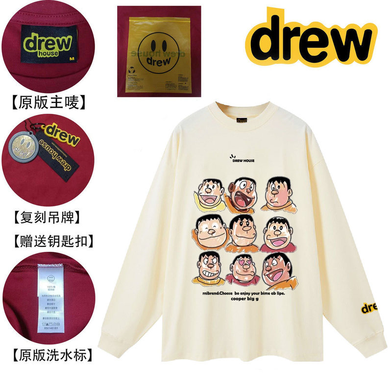 drew美式胖虎日系百搭纯棉长袖T恤宽松男女学生卫衣秋冬时尚打底