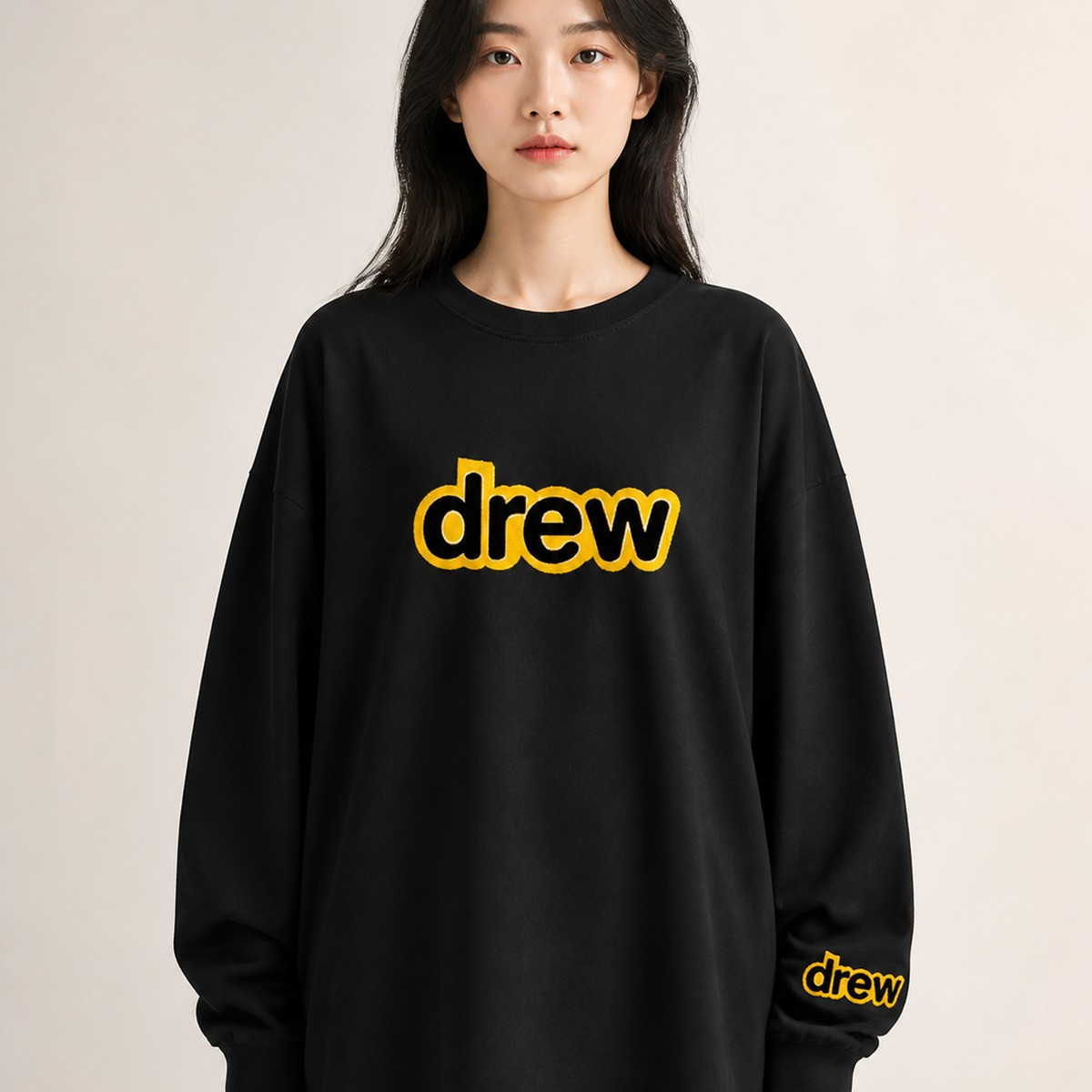 drew笑脸纯棉长袖T恤衫上衣ins百搭宽松高街休闲美式复古圆领潮牌