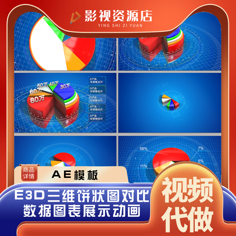 e3d三维饼状图对比企业数据图表效果展示动画视频素材 ae模板代做