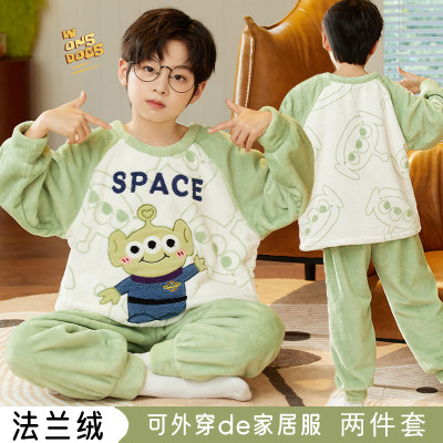 卡通儿童睡衣男童秋冬季法兰绒保暖男孩中大童亲子薄绒家居服套装
