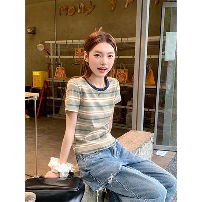撞色条纹t恤短袖女夏季2025新款正肩圆领修身显瘦小个子短款上衣