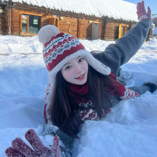 费尔岛风提花圣诞红毛线雷锋帽女冬季针织护耳帽保暖防寒滑雪帽子