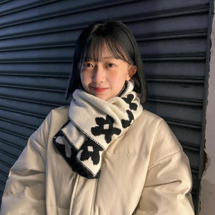 韩版ins双面小花针织围巾女秋冬季百搭学生清新可爱毛线小围脖潮