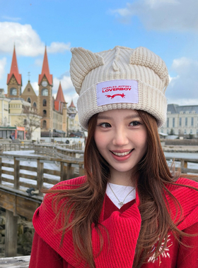 韩国小众Loverboy毛线帽女显脸小针织帽手工猪猫耳朵帽冬季保暖帽