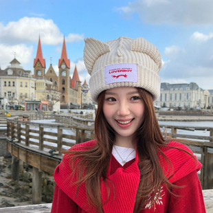 韩国小众Loverboy毛线帽女显脸小针织帽手工猪猫耳朵帽冬季保暖帽