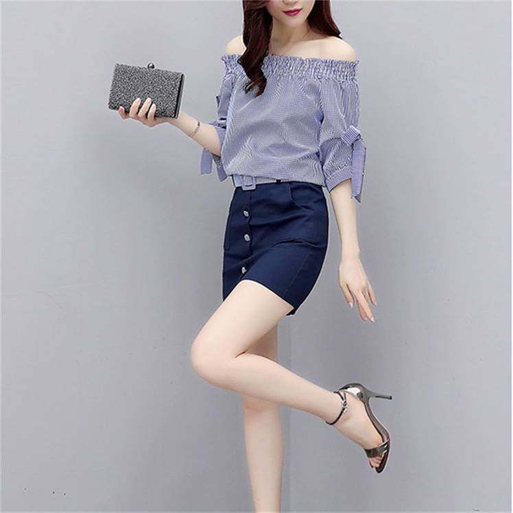 2019新款时尚格子套装裙夏季矮个子显瘦连衣裙女一字肩两件套短裙|ruв категории Женская одежда, костюм/студенты школьную форму/обмундирования, профессионального женский брючный костюм - от Buy2taobao.com для оказания профессиональной услуги покупки агента Taobao