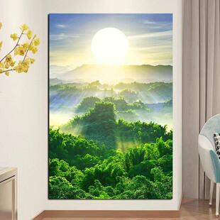 旭日东升太阳无水靠山图招财风景画绿色森林卧室客厅餐厅玄关挂画