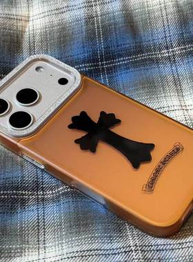 韩系ins风闪钻镜孔橙色十字架手机壳适用苹果17promax新款IMD双层15pro全包16promax保护套14/13防摔16女款