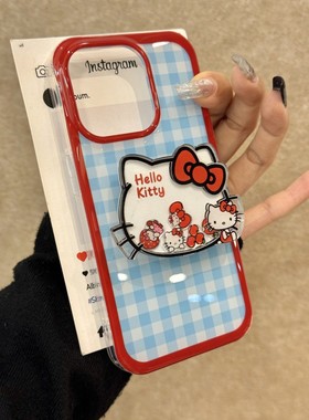 蓝色格纹摇摇乐猫咪适用ihone16promax苹果15pro手机壳14秋冬13硬 · 苹果14pro（6.1寸） 蓝色格纹红线边