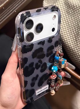 韩系辣妹高级感黑色豹纹链条手机壳适用苹果17promax新款IMD双层15pro全包16promax保护套14/13防摔16女款