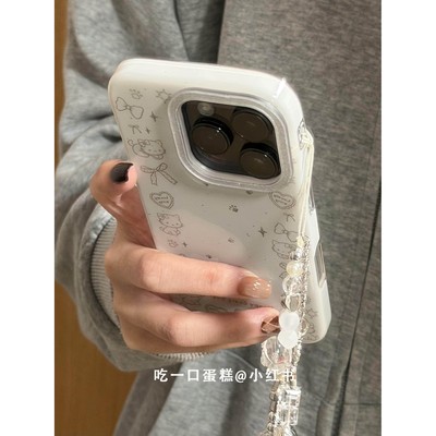白底蝴蝶结猫咪围边手绳适用苹果17promax手机壳iphone16151413磁吸