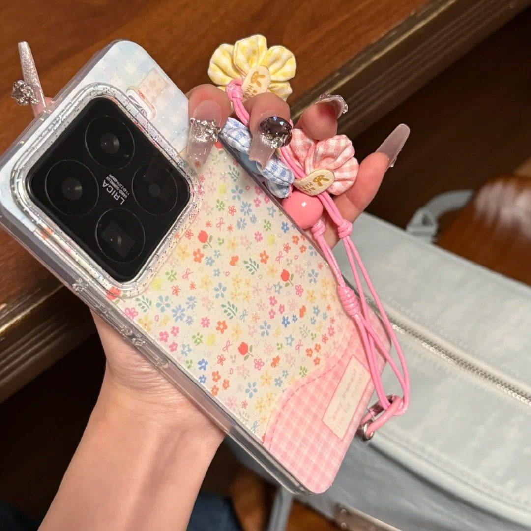满屏碎花粉格纹手拎花朵手机壳适用于小米15手机壳小众双层15pr
