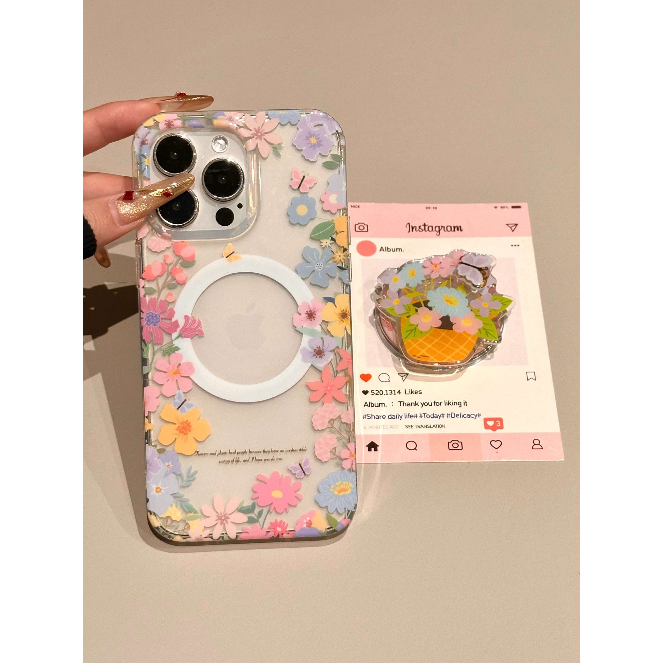 春天ins旋转花篮磁吸壳适用苹果16pro/15/14/13全包