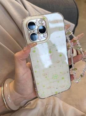 可爱小清新绿色格纹风铃小猫咪链条手机壳适用苹果16promax新款双层15pro全包14promax保护套14/13防摔16女款