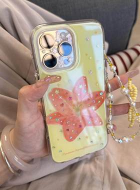 韩系夏日星星橙色百合花链条手机壳适用苹果16promax新款双层15pro全包14promax保护套14/13防摔16女款