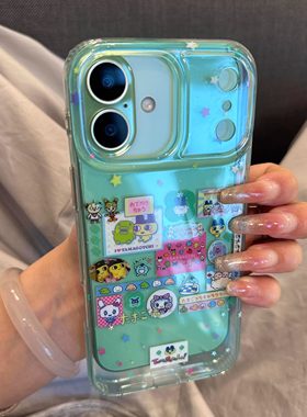 日韩透绿色拓麻歌子插画手机壳适用苹果17promax新款IMD双层15pro全包16promax保护套14/13防摔16女款