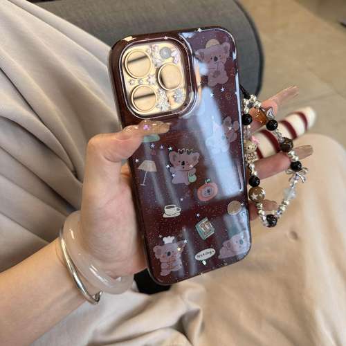 可爱棕色闪粉拎包小考拉链条手机壳适用苹果16promax新款双层15pro全包14promax保护套14/13防摔16女款