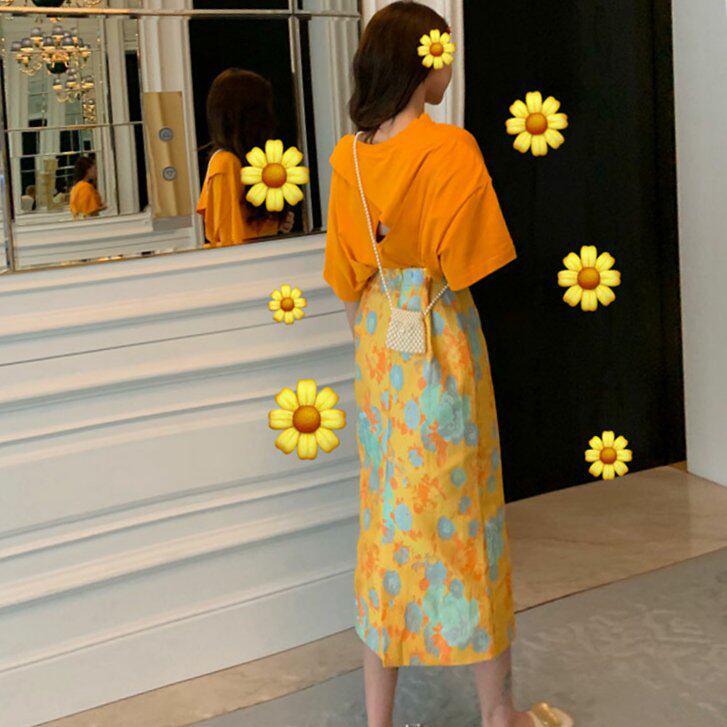 Western style back Hollow T-shirt on vacation romantic Paige Long skirt 2020 new pattern orange Two piece setin the Women's clothing/Boutique , Skirts  category - from Buy2taobao.com to provide professional Taobao agent buy service
