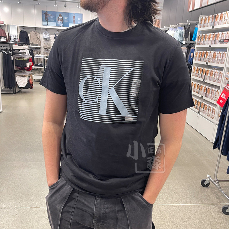 ck calvin klein夏季新款男士时尚休闲棉质条纹大logo短袖圆领t恤