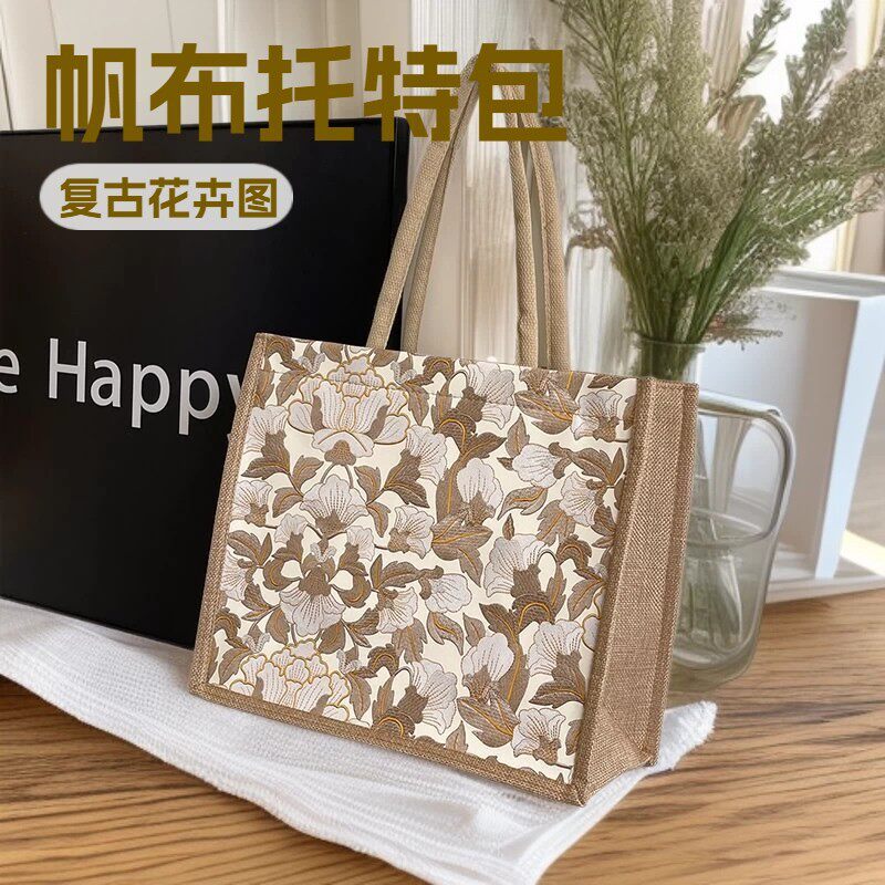跨境PU花朵拉链款麻布袋女大容量单肩手提托特包百搭通勤购物袋